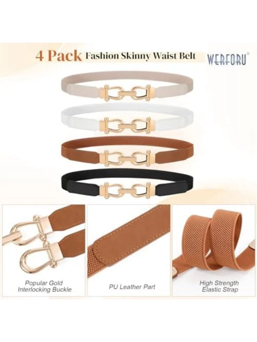 4 Pack Women's Skinny Elastic Waist Belts - Gold Buckle, Stretchy Thin Belts for